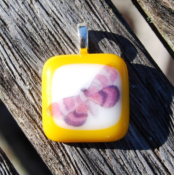 SALE Butterfly Pendant Fused Glass Pendant Handmade Jewelry Pink, Lavender and Yellow