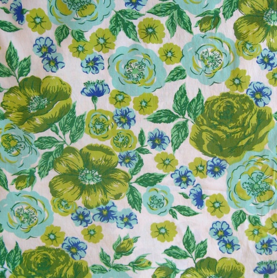 vintage fabric blue green and aqua floral by thriftypyg on Etsy