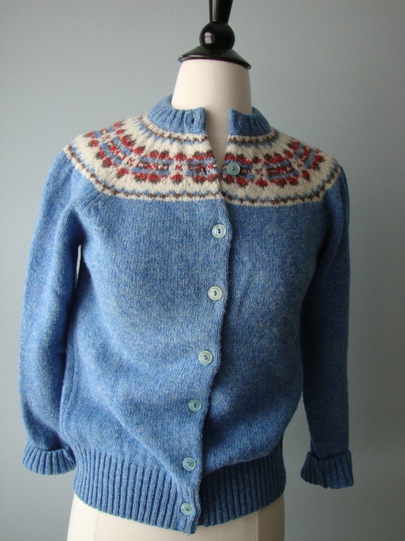 Blue Shetland Wool Fair Isle Cardigan Vintage 70s Size Small 6027