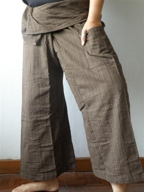 Striped BROWN Cotton THAI Fisherman Wrap Pants PERFECT for All