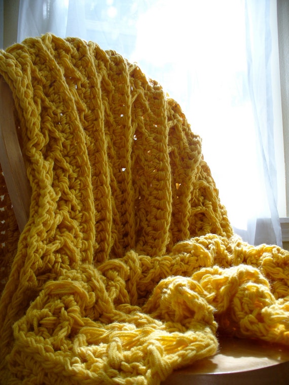 Items similar to XL Mustard Yellow Crochet Throw Blanket ...