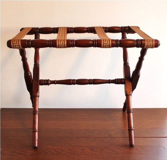 Vintage wooden luggage rack with greek key straps fold out