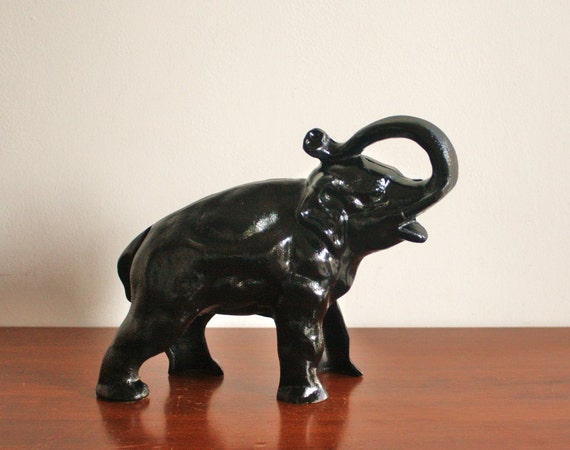 Vintage cast iron black elephant doorstop coin bank