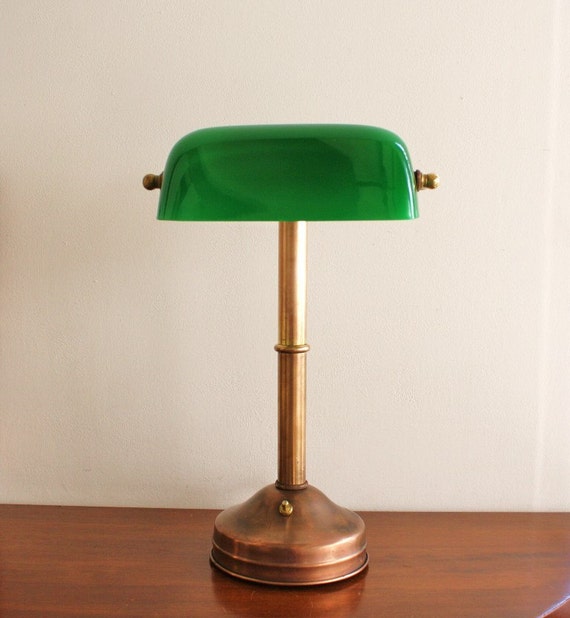 Antique brass bankers lamp with green glass by highstreetmarket