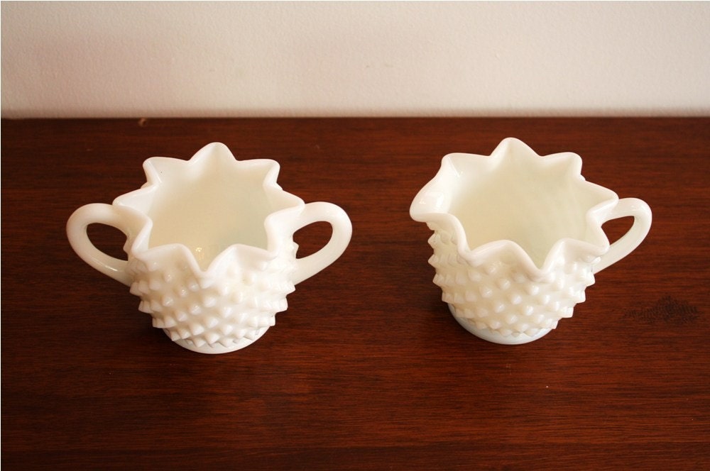 Vintage milk glass hobnail sugar and creamer set