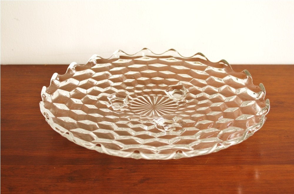 Large Glass Round Platter With Cubist Pattern And Ruffled