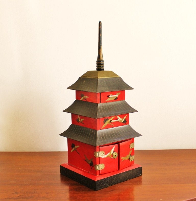 1930s red pagoda jewelry box and music box by highstreetmarket