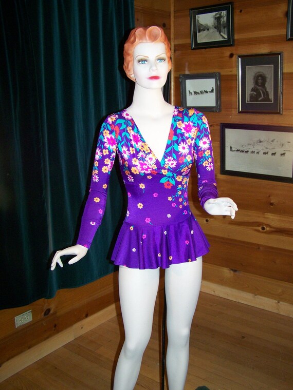 Vintage 70s Skating Costume Outfit Purple Floral with Skirt