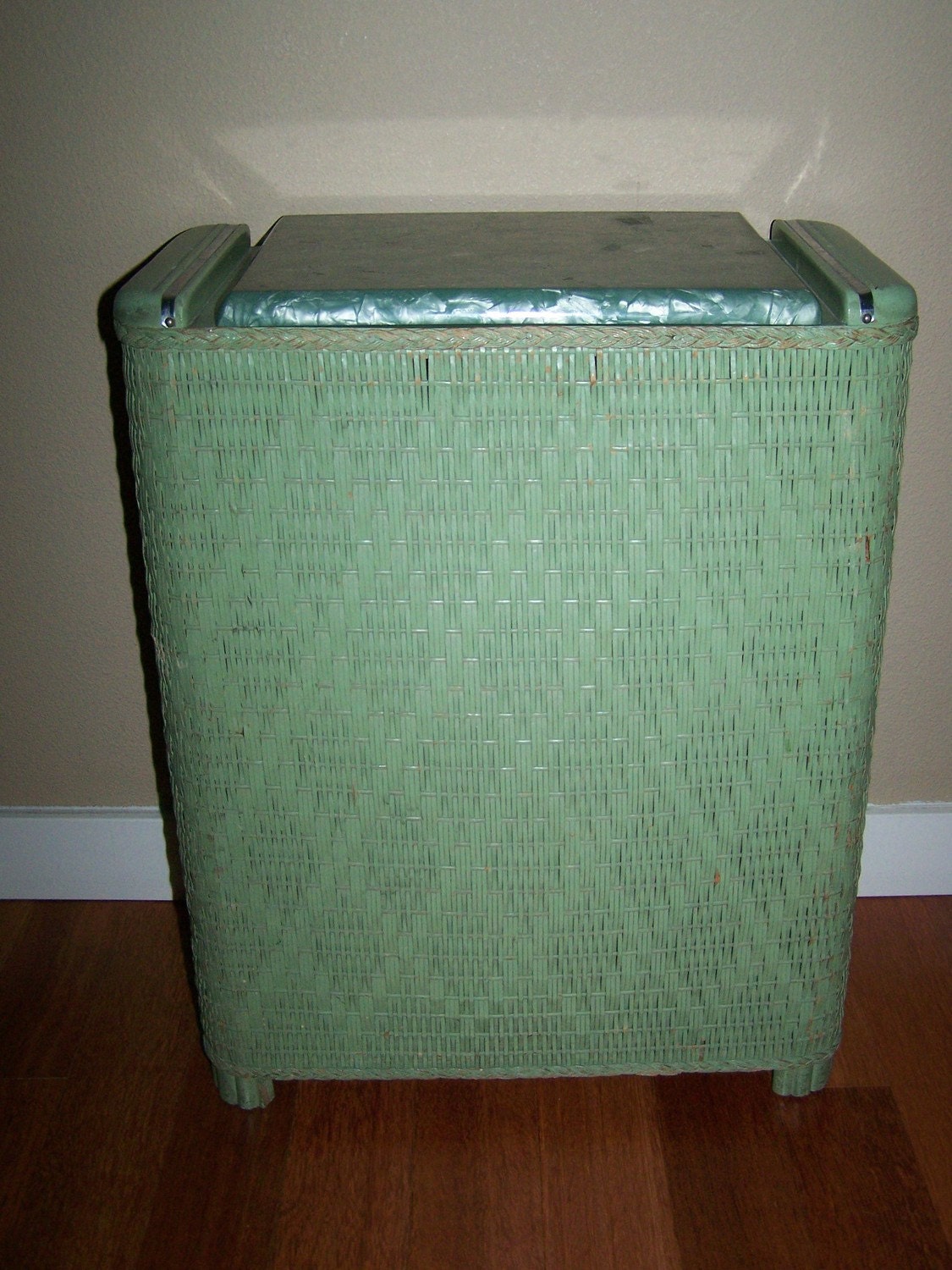 Vintage 50s Green Wicker and Wood Laundry Hamper Made by