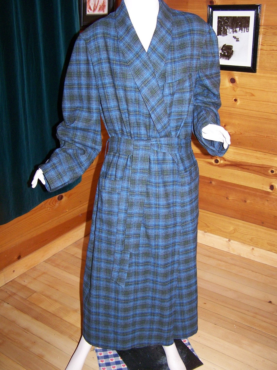 Vintage Mens Pendleton Wool Robe Blue and Green Plaid Large