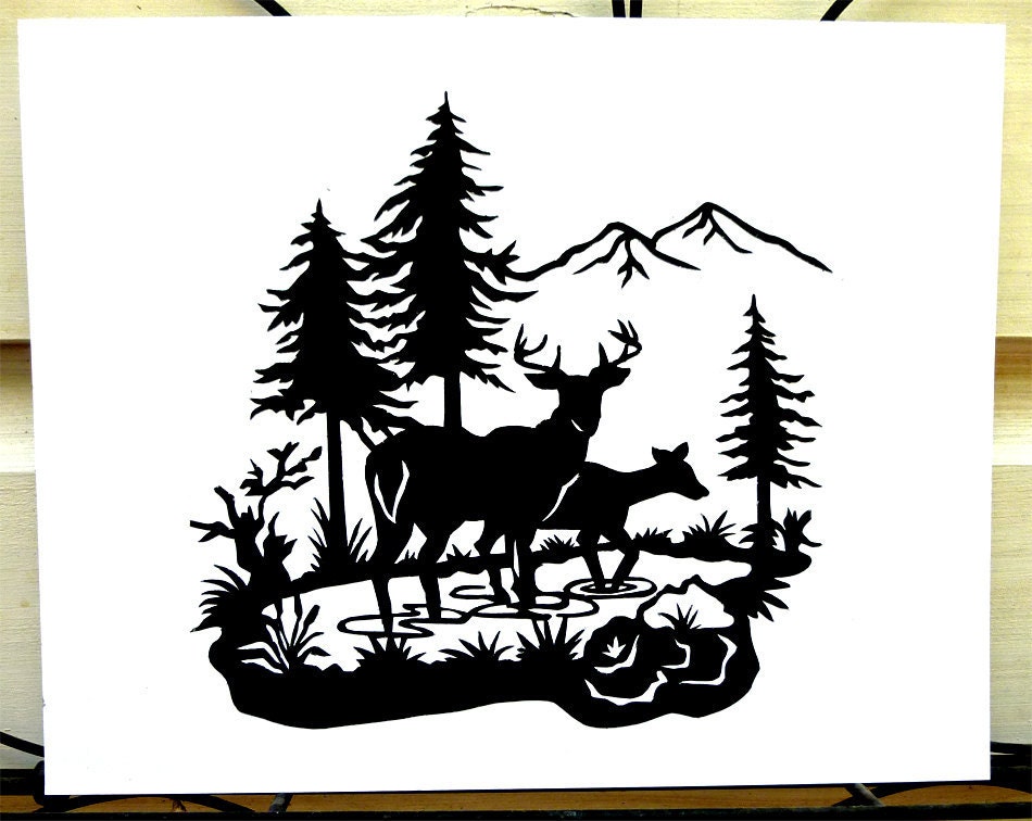 Tranquil Deer in Woods Scene Hand Cut Paper Silhouette Wall
