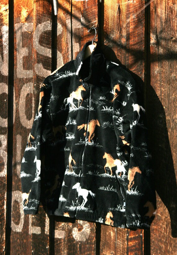 Adult Black Pony Horse Print Fleece Zipper Jacket
