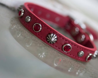 Red Leather Dog Collar // Jeweled Dog Collar // Dog Collar / /Crystal Dog Collar // Leather Dog Collar // Small Pet Collar // Leather Collar