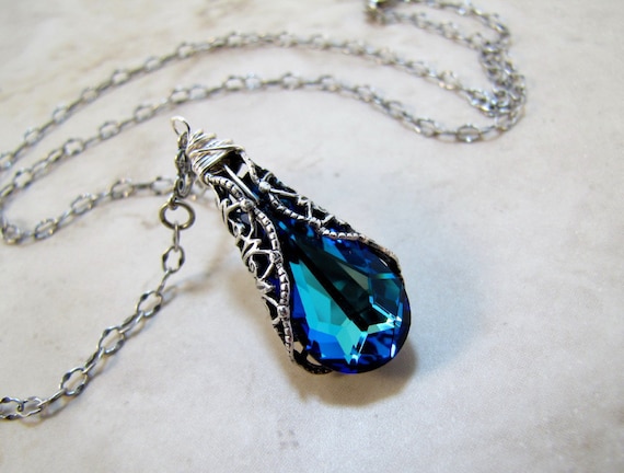 Items similar to Bermuda Blue Crystal Antiqued Silver Necklace on Etsy