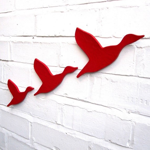 Ceramic wall art Three flying ducks set bright scarlet red