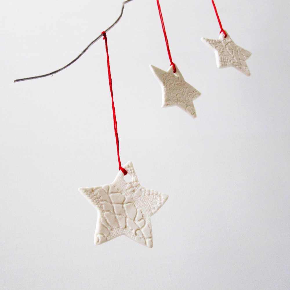 Star Christmas Ornaments - Set of 3 Modern Handmade Porcelain Snow Flake Star Holiday tree Ornaments