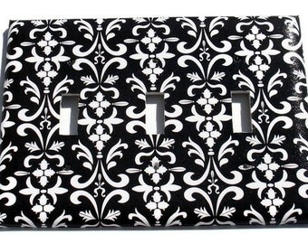 Light Switchplate Cover Wall Decor Triple Switchplate Switch Plate in Black Damask ( 179T)