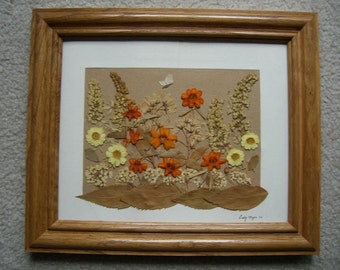 Original Framed Pressed Flower Art - Fall Garden with Pressed Flowers