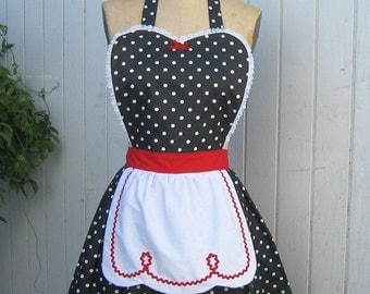 LUCY ... RETRO 50s apron red black polka dot apron fifties sexy hostess bridal shower gift and is vintage inspired womens full apron