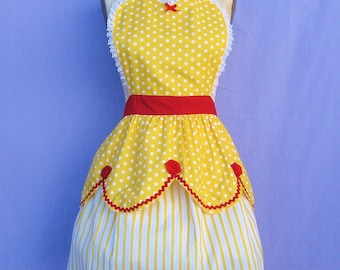 BELLE apron retro apron womens full costume aprons in pretty yellow and red roses