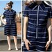 60s Navy Blue and White Striped Preppy Day Dress with Sharp Collar and Button Front - sz M/L
