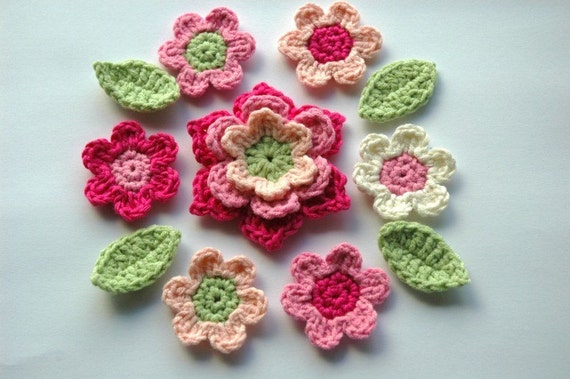 Crochet Flowers Applique Set in Pink and Green by AnnieDesign