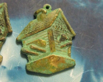 Verdigris Patina Brass Bird House Charms 655VER X2