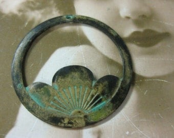 Vintage Verdigris Patina Large Japanese blossom Crest Earring 658Ver x2
