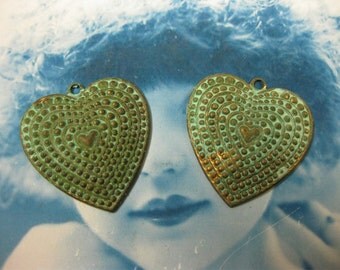 Verdigris Patina Brass Heart Charms 430VER x2