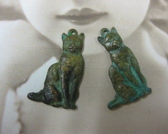 Verdigris Patina Brass Cat Charms 153VER x2