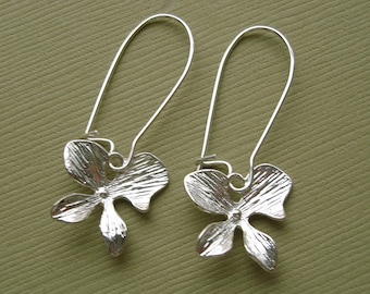 Single Orchid Flower 16K White Gold Earrings.