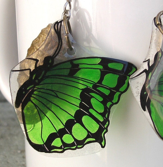 Green Butterfly and Golden Cocoon Earrings