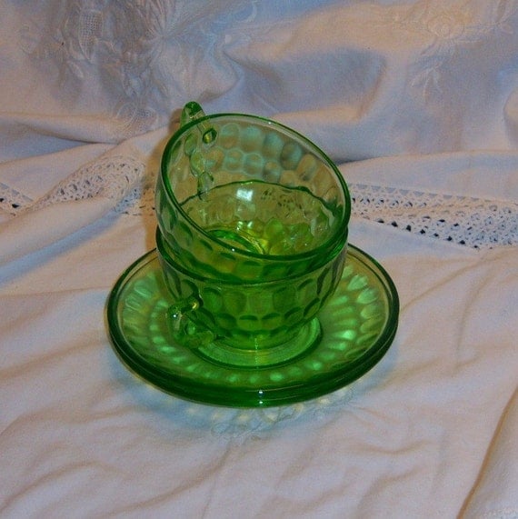 2 green Depression Glass Cups and Saucers by UknowUneedAnother