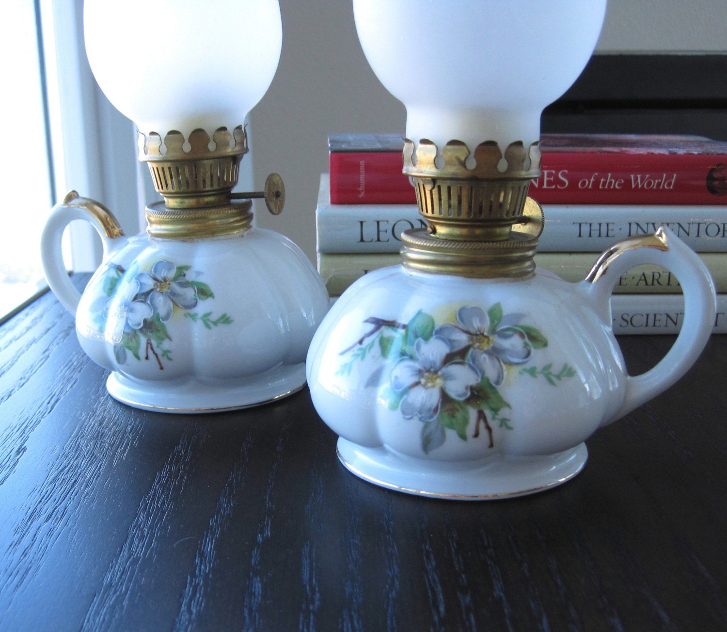Antique Nikoniko porcelain oil lamp set vintage white and