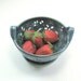 Ceramic Berry Bowl Colander with coaster dish handcarved flowers blue