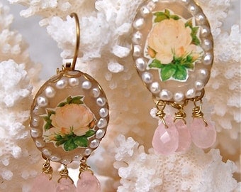 Lilygrace Vintage Golden Yellow Rose Oval Cameo Earrings with Freshwater Pearls and Rose Quartz