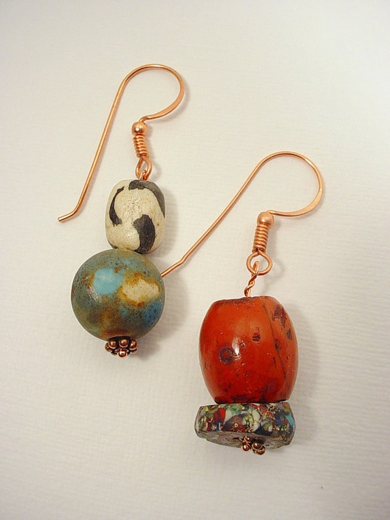 Old African Trade Bead Earrings of Mixed Types of Beads