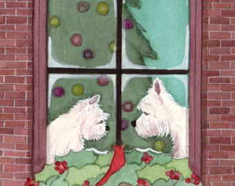 Westies (west highland terriers) looking for Christmas / Lynch signed folk art print