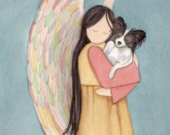 Papillon (black and white) and angel / Lynch signed folk art print