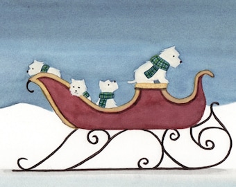 Westies (west highland terriers) going for a sleigh ride / Lynch signed folk art print