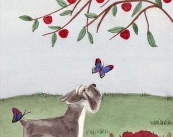 Miniature schnauzer investigates butterflies / Lynch signed folk art print