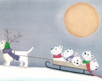 12 Christmas cards: West highland terrier (westie) family takes a sled ride / Lynch folk art