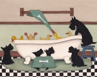 Scottish terriers (scotties) on the prowl for ducks at bath time / Lynch signed folk art print
