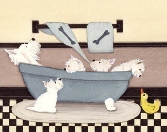 West highland terriers (westies) fill tub at bath time / Lynch signed folk art print