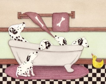 Dalmatians fill tub at bath time / Lynch signed folk art print Dalmation
