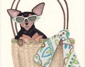 Black and tan chihuahua in a Purse / Lynch signed folk art print