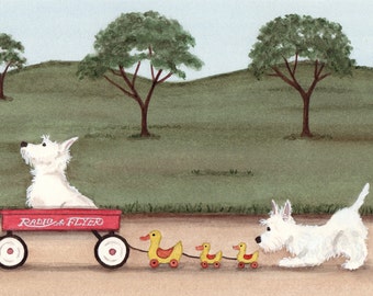 West highland terriers (westies) wait for wagon ride / Lynch signed folk art print
