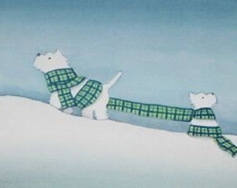 Westies (west highland terriers) wrapped up in scarf for winter / Lynch signed folk art print