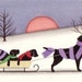 Black Labrador (black lab) family goes for sled ride / Lynch folk art