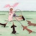 Dachshunds (doxies) surround "Easter bunny" and basket / Lynch signed folk art print